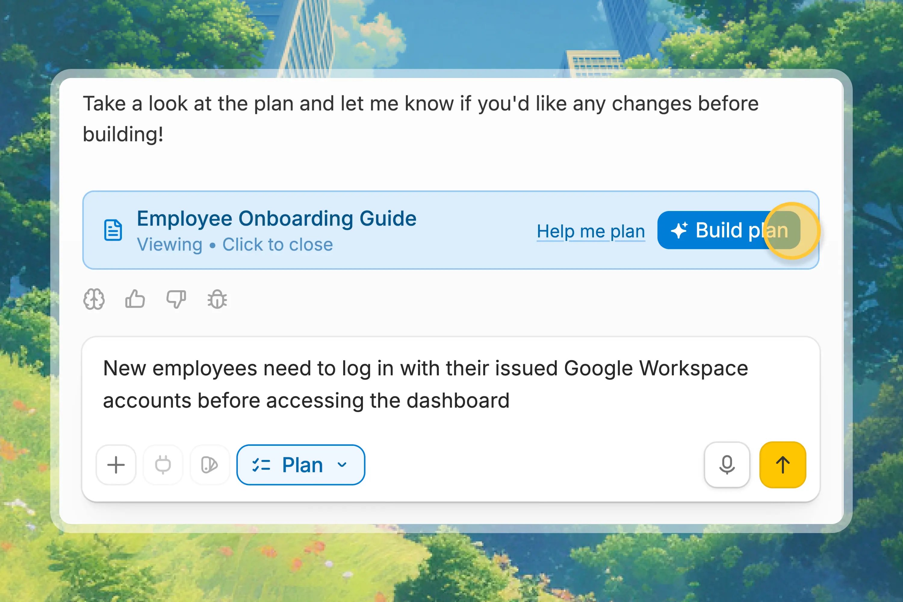 Plan mode review prompt with a Build plan button and a message requesting a change