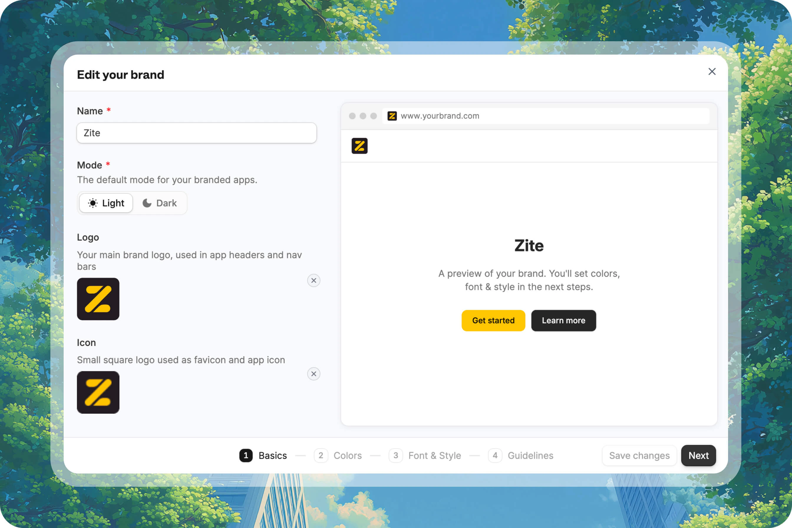 Brand Kit editor showing logo, icon, and a preview of branded app styling
