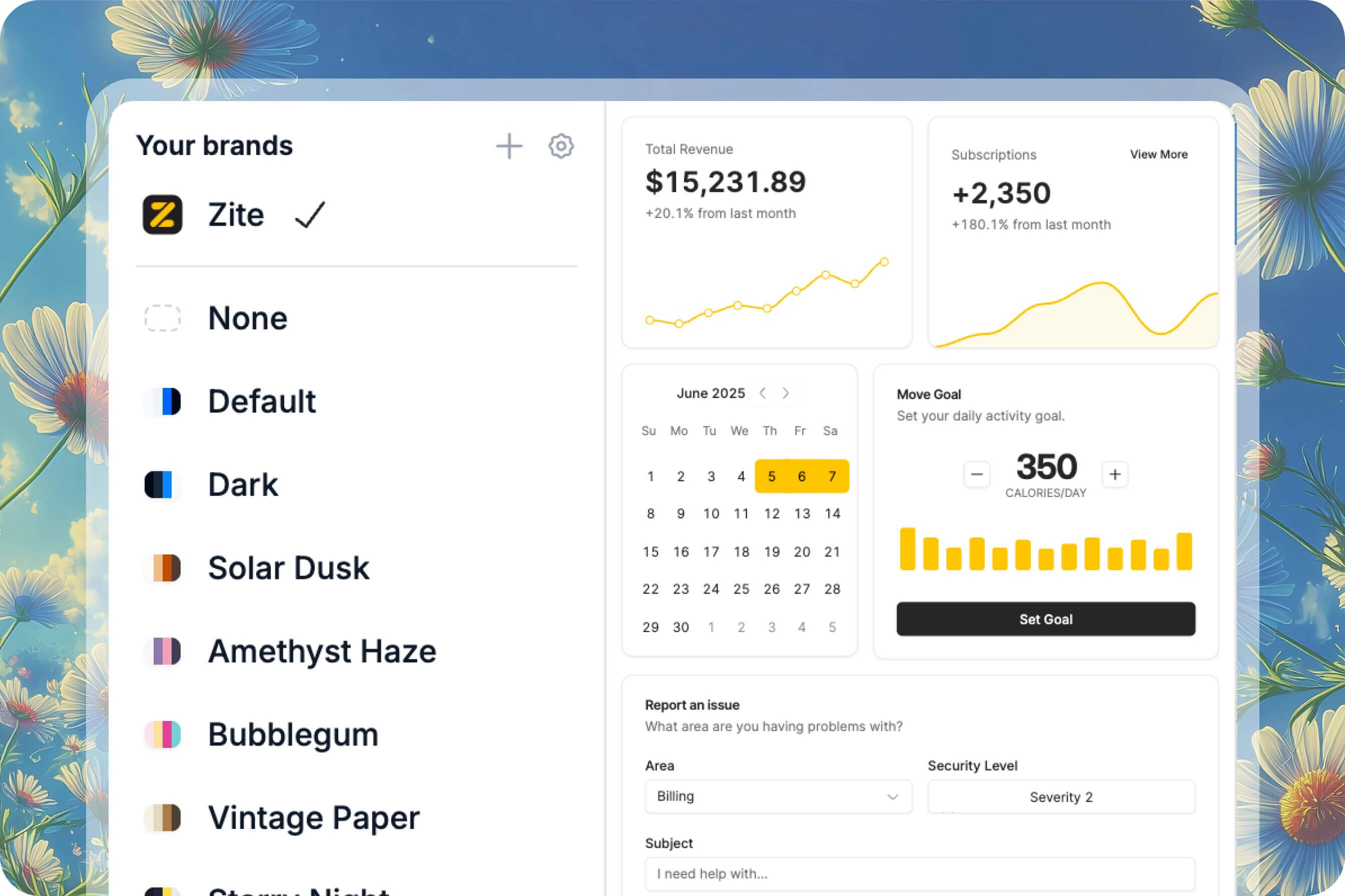 Zite brand picker showing reusable brand kits and a branded app preview