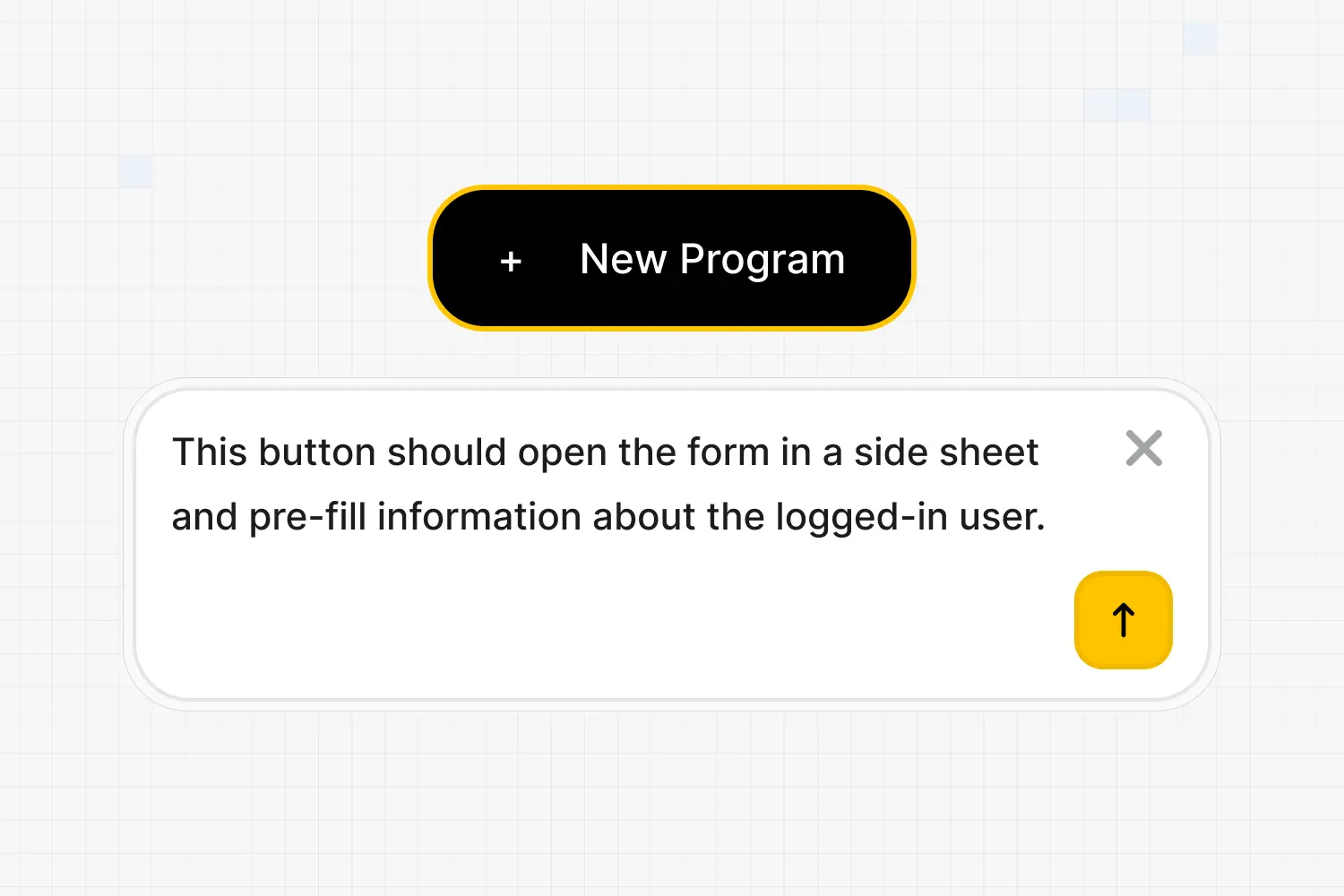 A comment attached to a selected New Program button, asking Zite to open a form in a side sheet