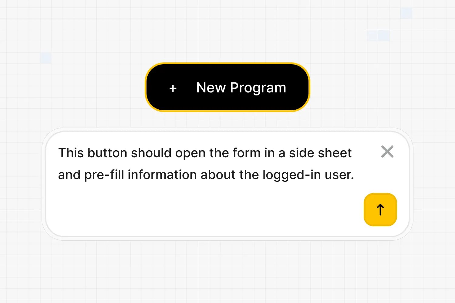 A comment attached to a selected New Program button, asking Zite to open a form in a side sheet