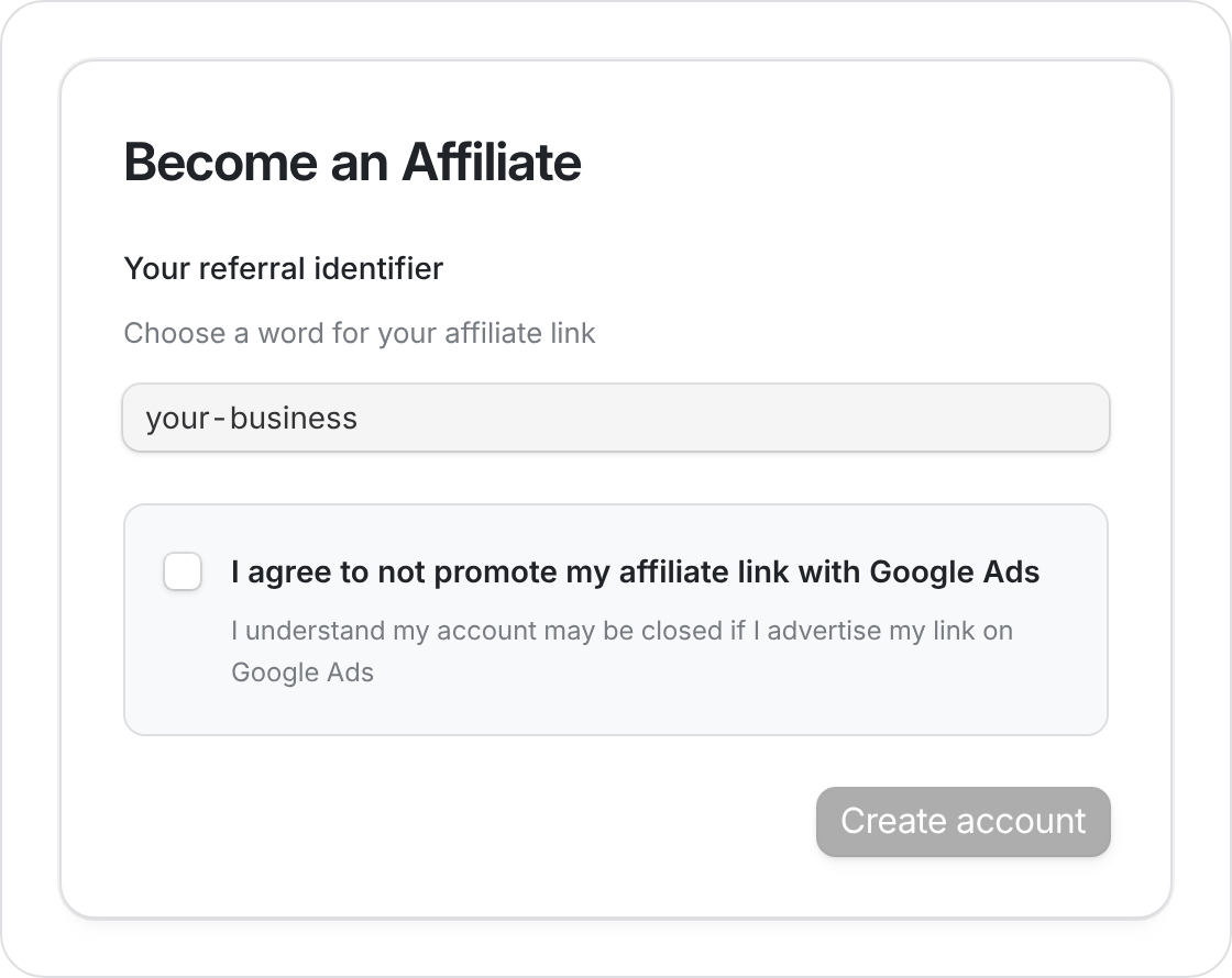 Affiliate setup with a referral identifier field and the Google Ads agreement