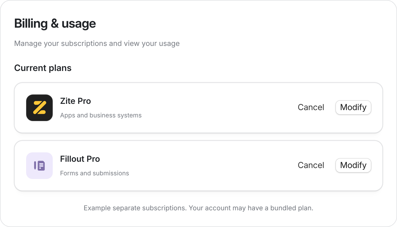 Separate subscription cards showing where to cancel a Zite Apps plan