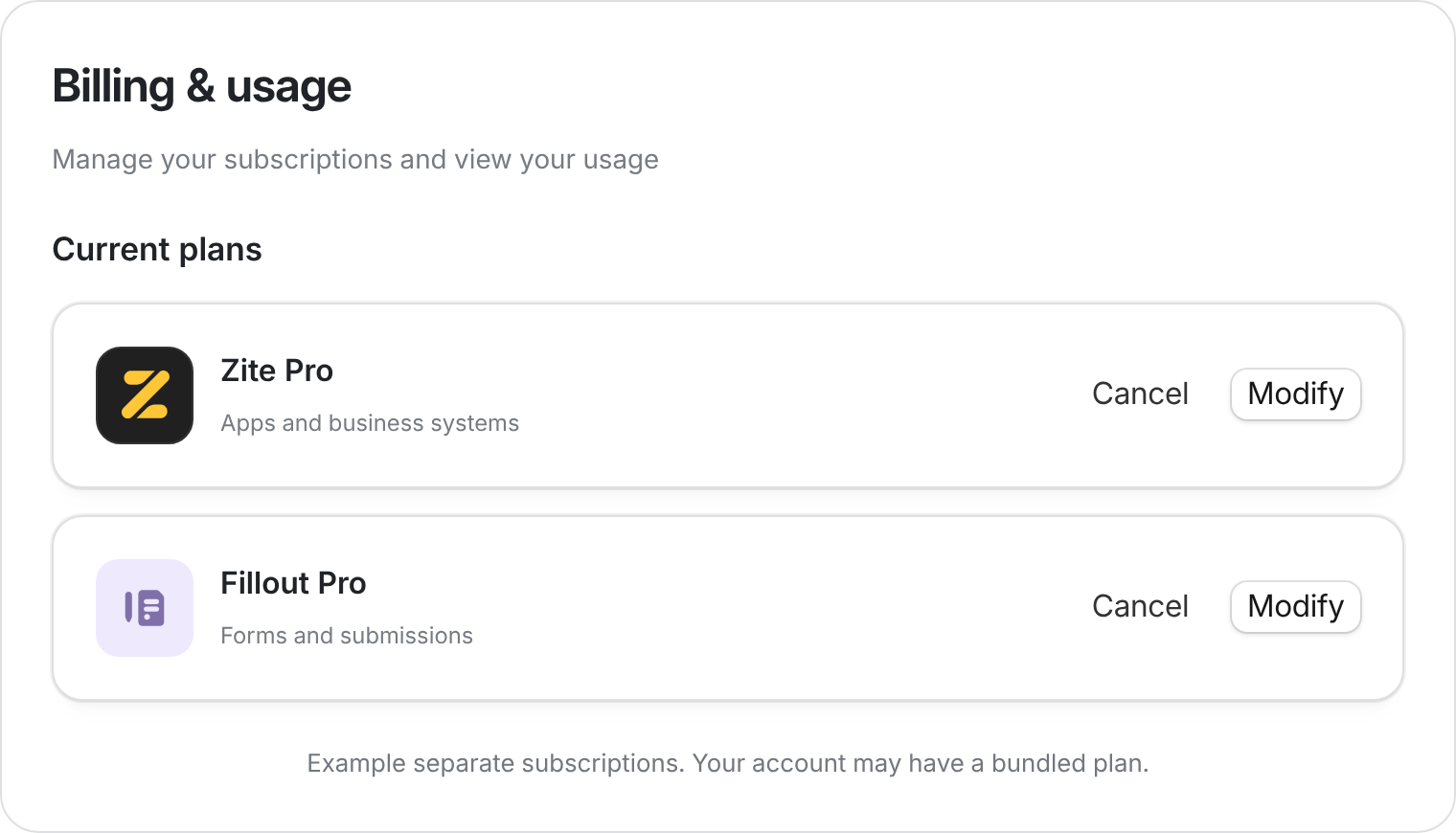 Separate subscription cards showing where to cancel a Zite Apps plan