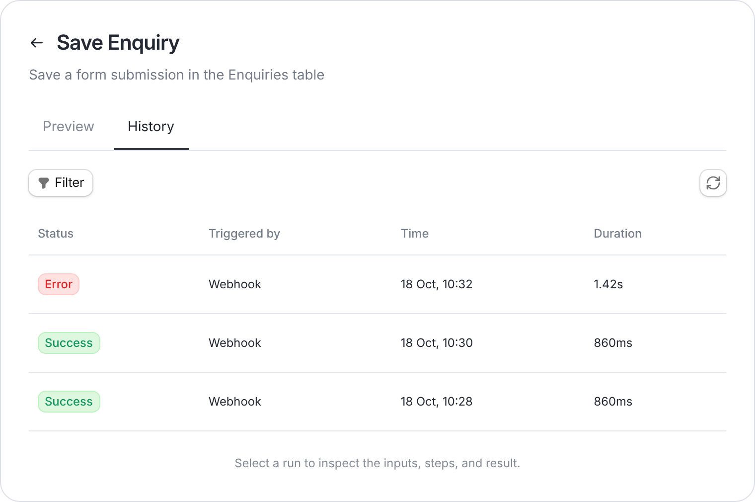 Example workflow history with successful and failed webhook runs