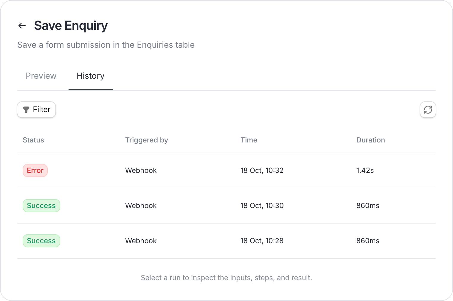 Example workflow history with successful and failed webhook runs