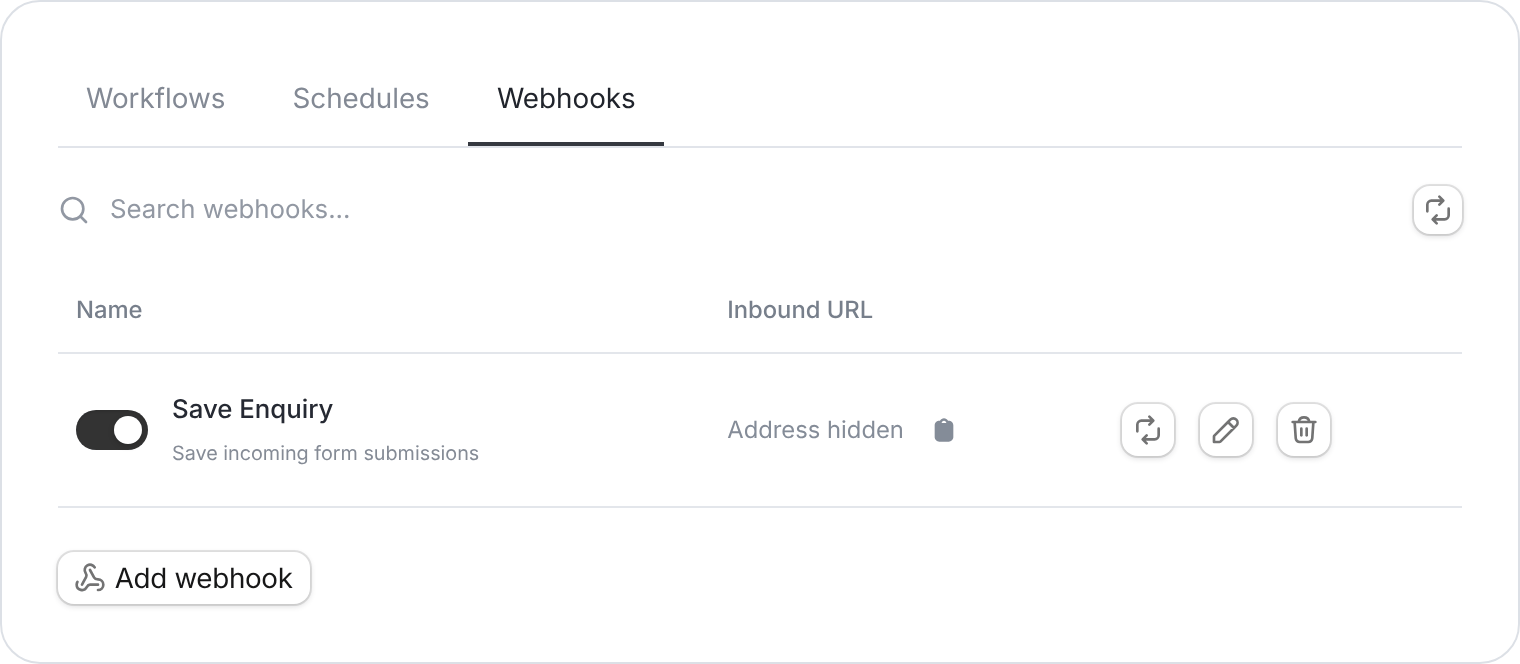Webhooks list with an illustrative enquiry webhook and its inbound address concealed