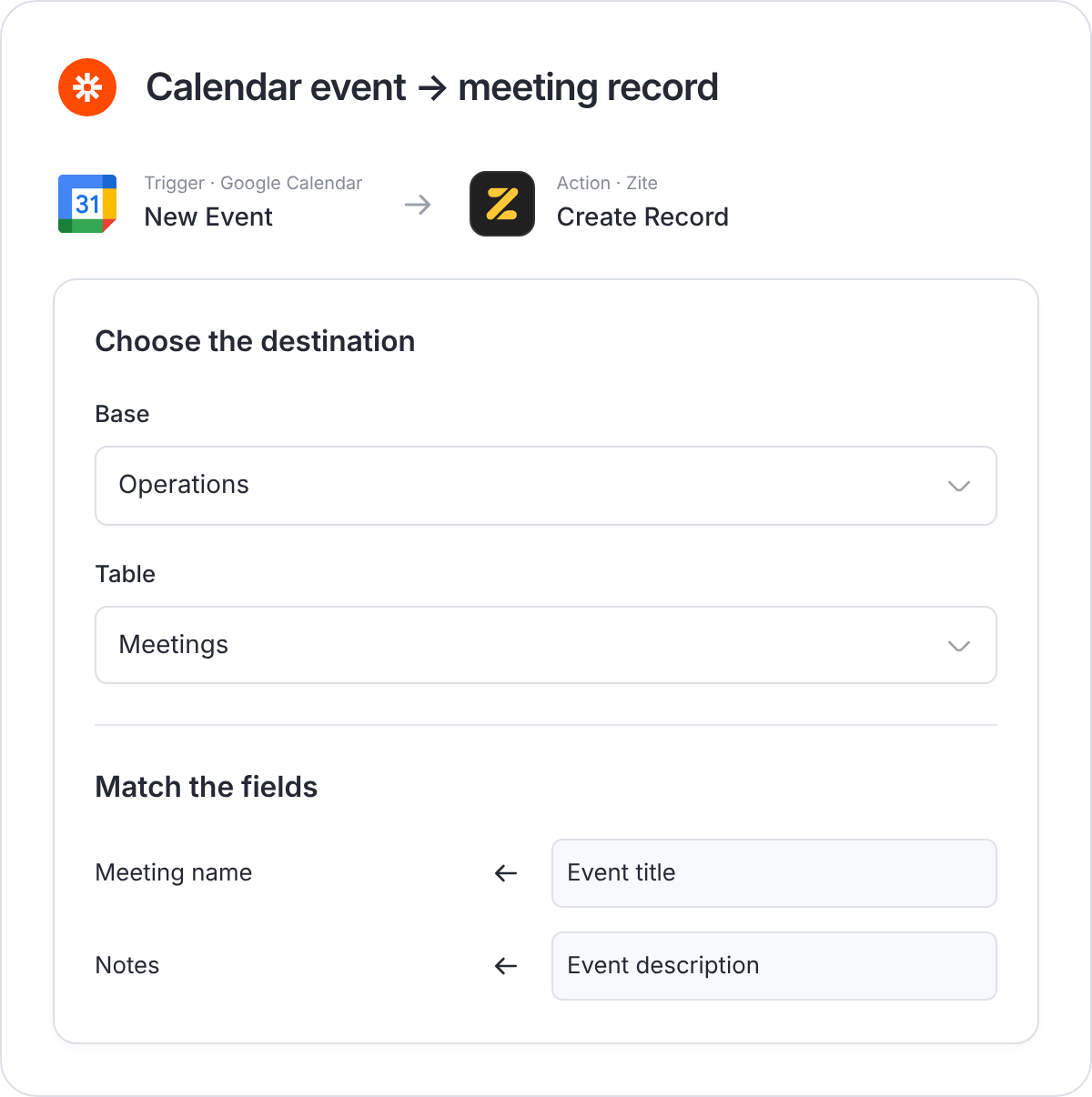 Google Calendar New Event connected to Zite Create Record with example database and field choices