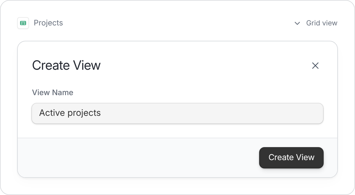 Create View dialog with Active projects entered as the view name.