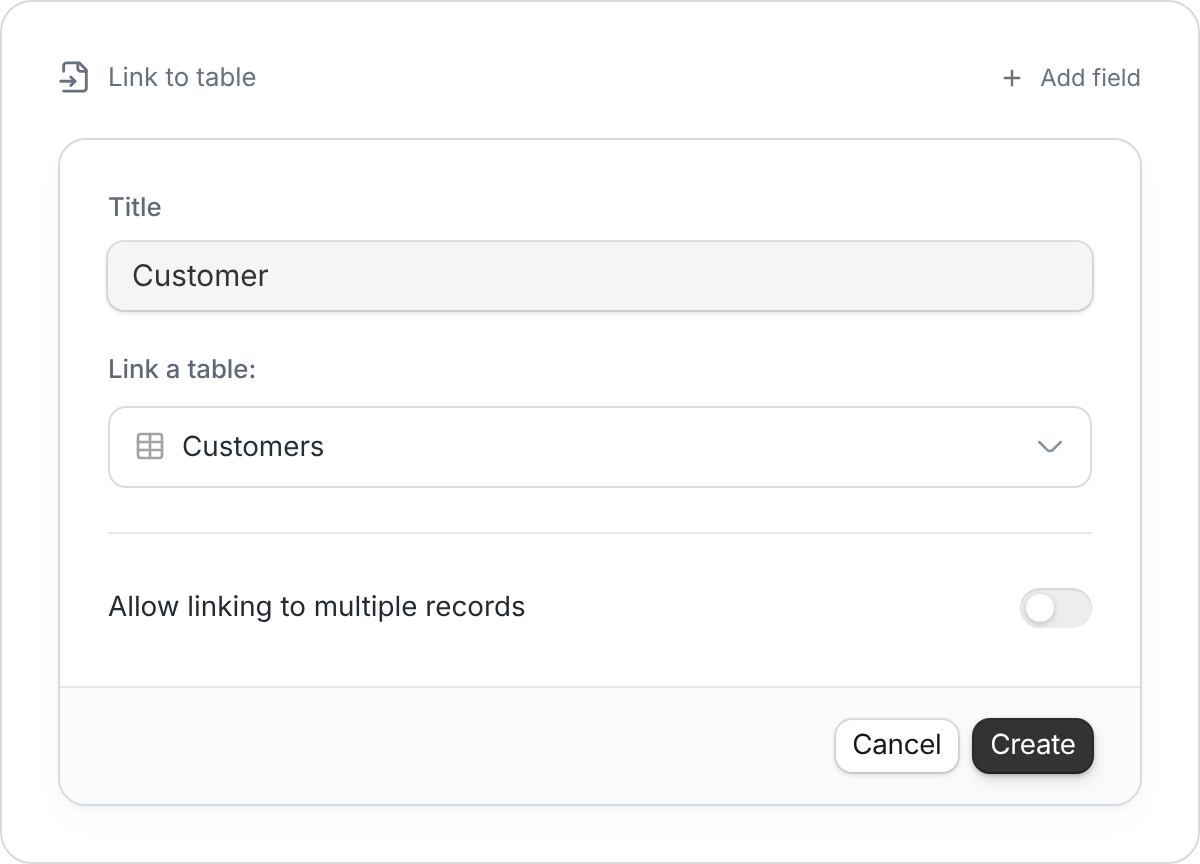 Link to table settings for a Customer field pointing to Customers, with multiple links switched off.