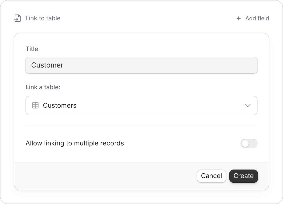 Link to table settings for a Customer field pointing to Customers, with multiple links switched off.