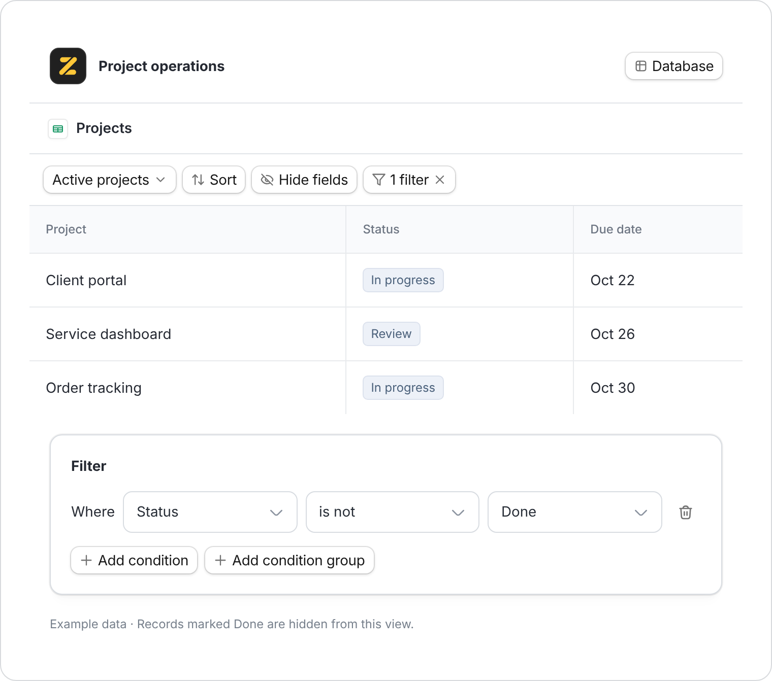 Projects table with a filter where Status is not Done.