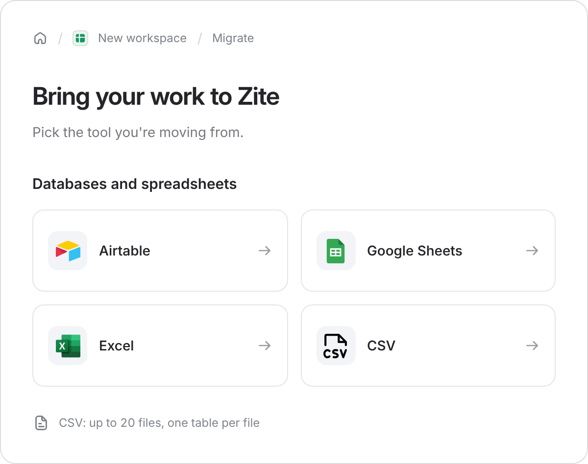 Migration source choices for Airtable, Google Sheets, Excel, and CSV.