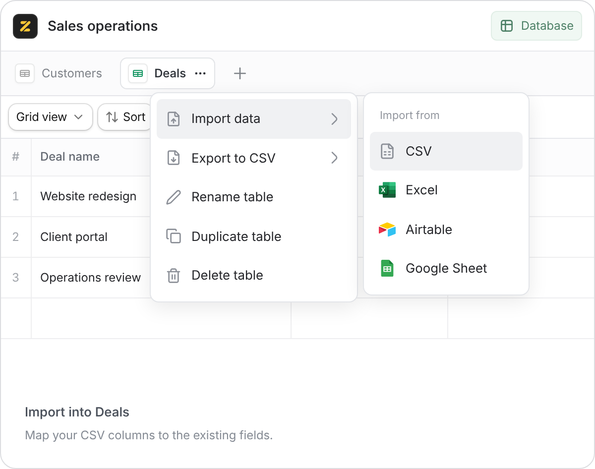 Recreated Deals table menu with Import data and CSV selected.