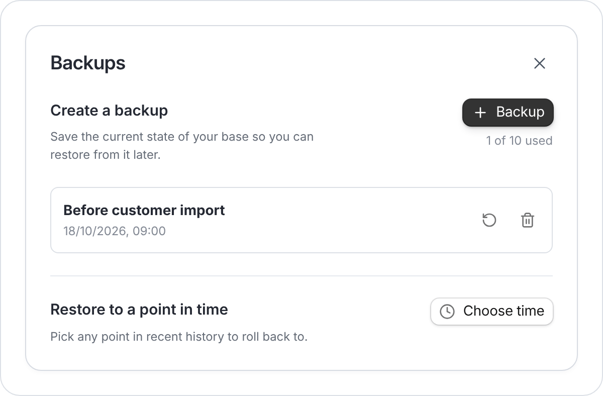 Backups panel with a saved backup, Backup button, and Choose time