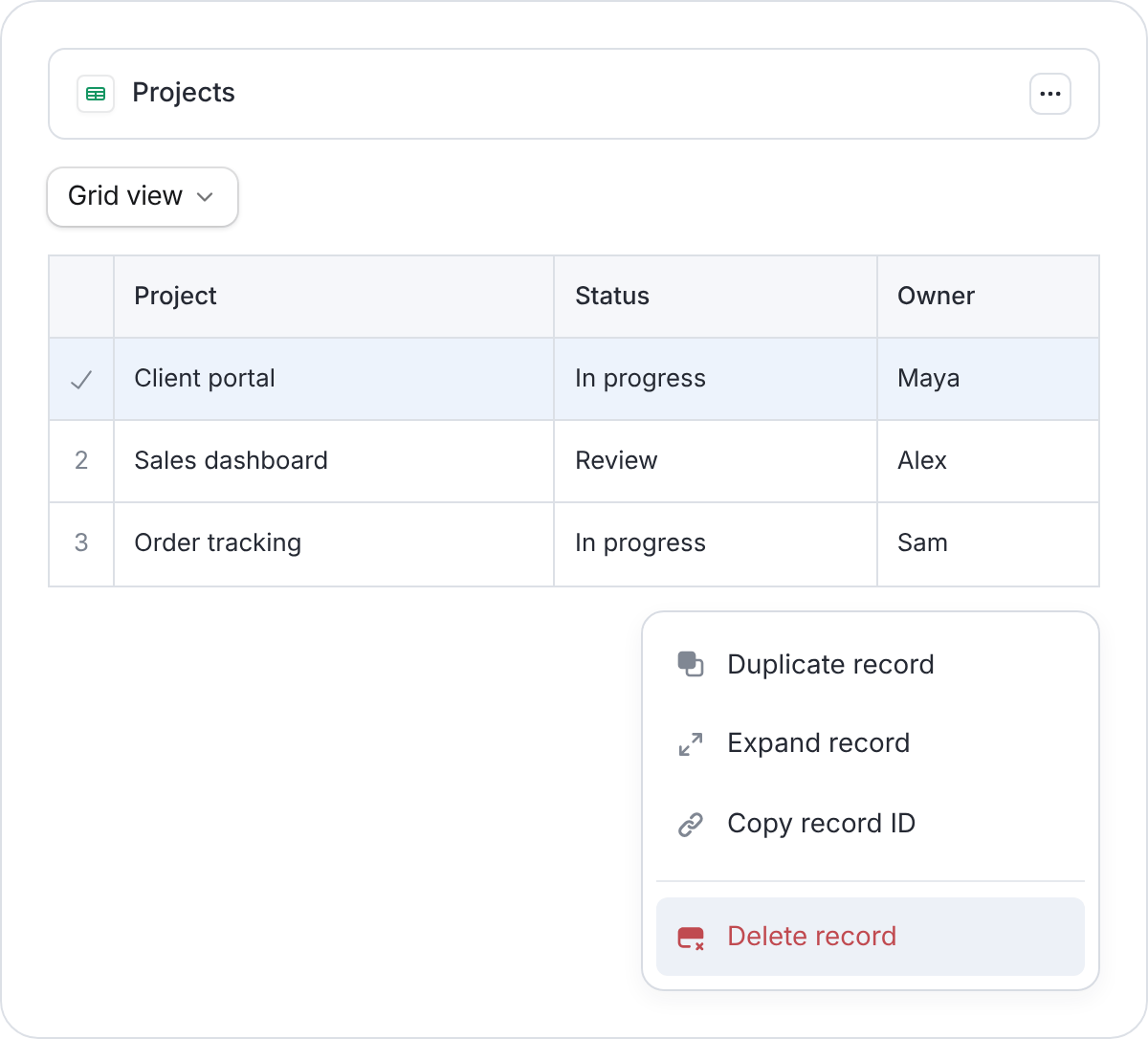 Record menu with Delete record highlighted beside an example project