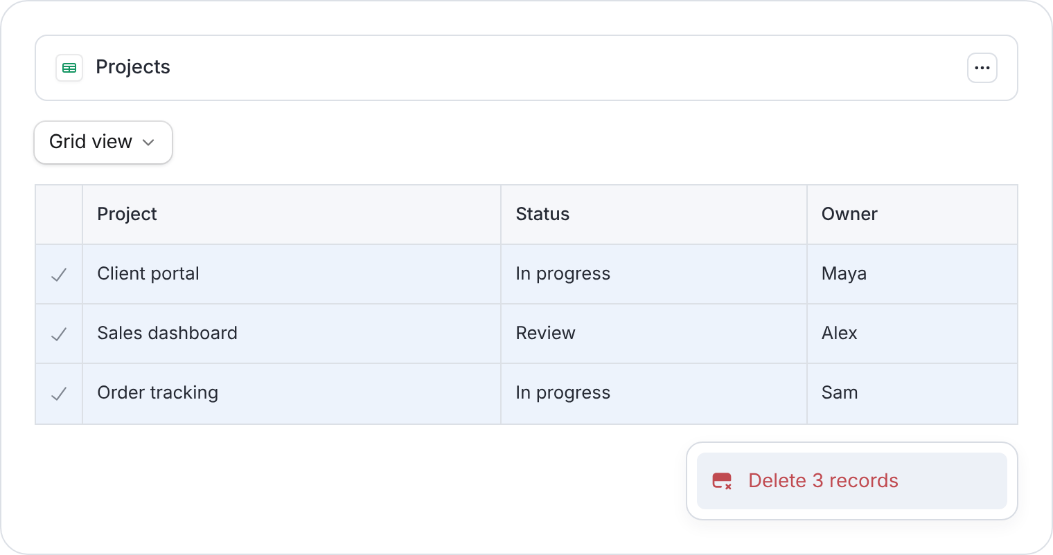 Three selected project rows with a Delete 3 records menu