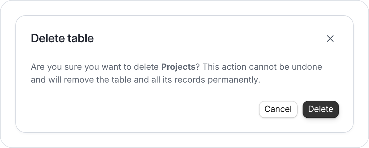 Delete table confirmation for the Projects table