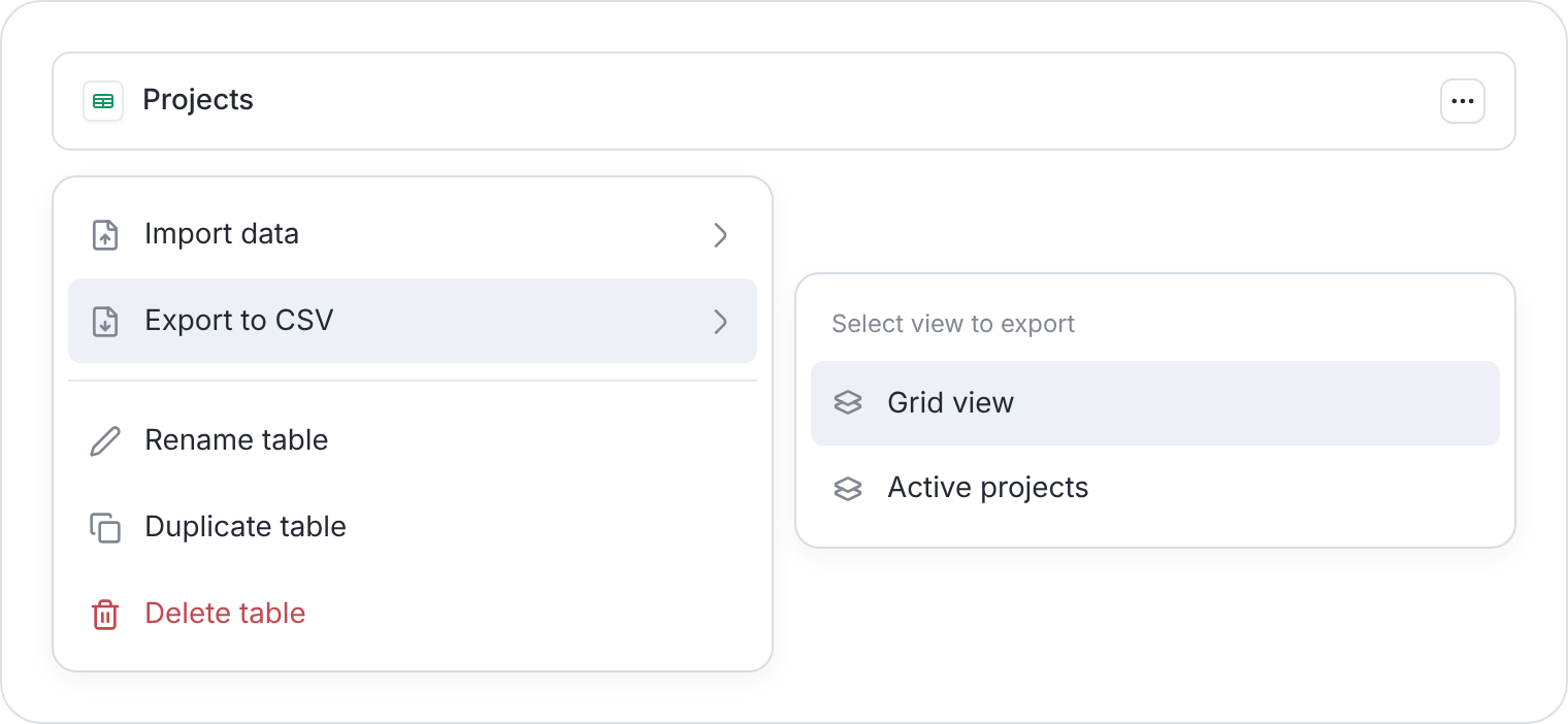 Table menu with Export to CSV and a submenu to select Grid view