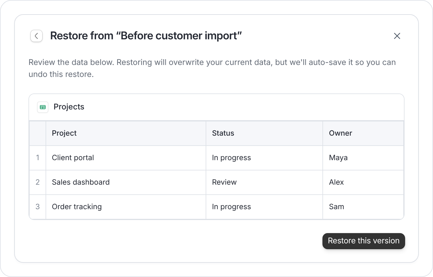 Database restore preview with sample records and Restore this version button