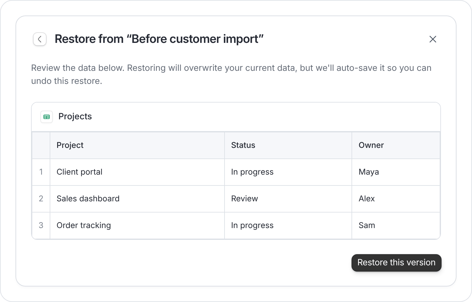 Database restore preview with sample records and Restore this version button