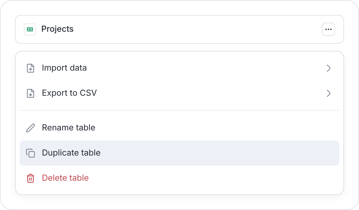 Table options menu with Duplicate table highlighted