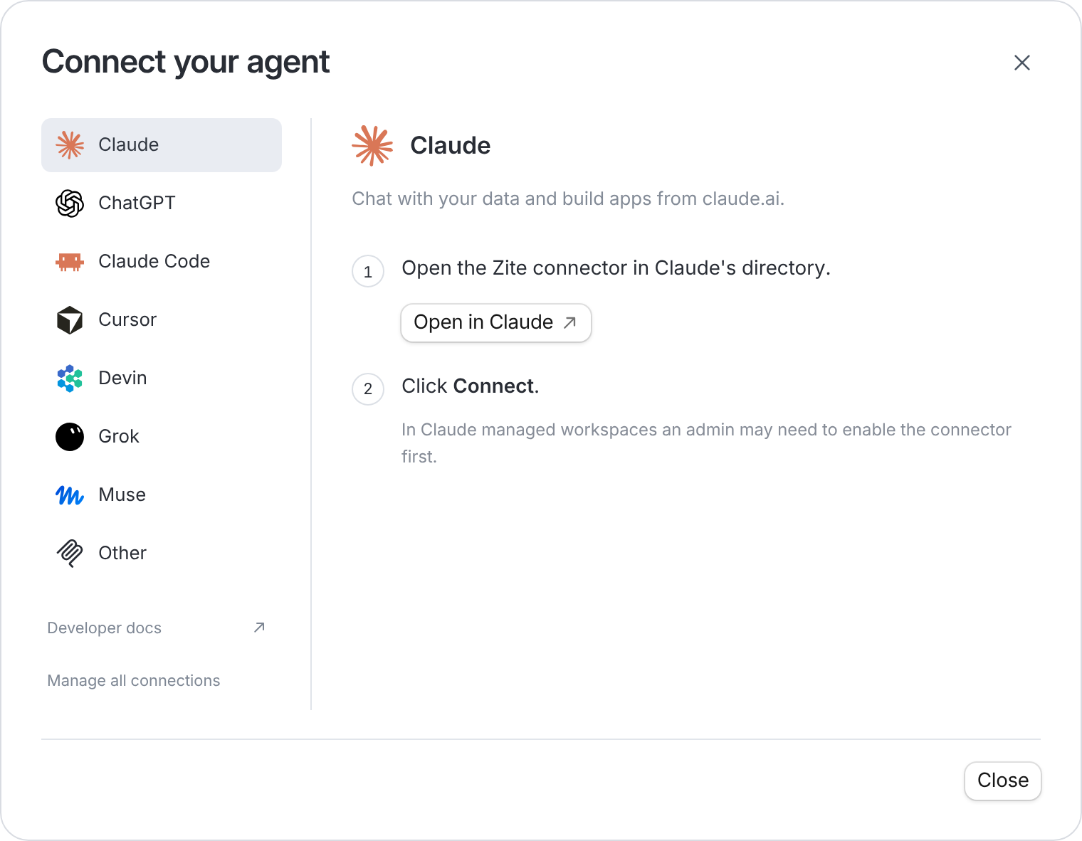 Connect your agent dialog with Claude selected and the Open in Claude button