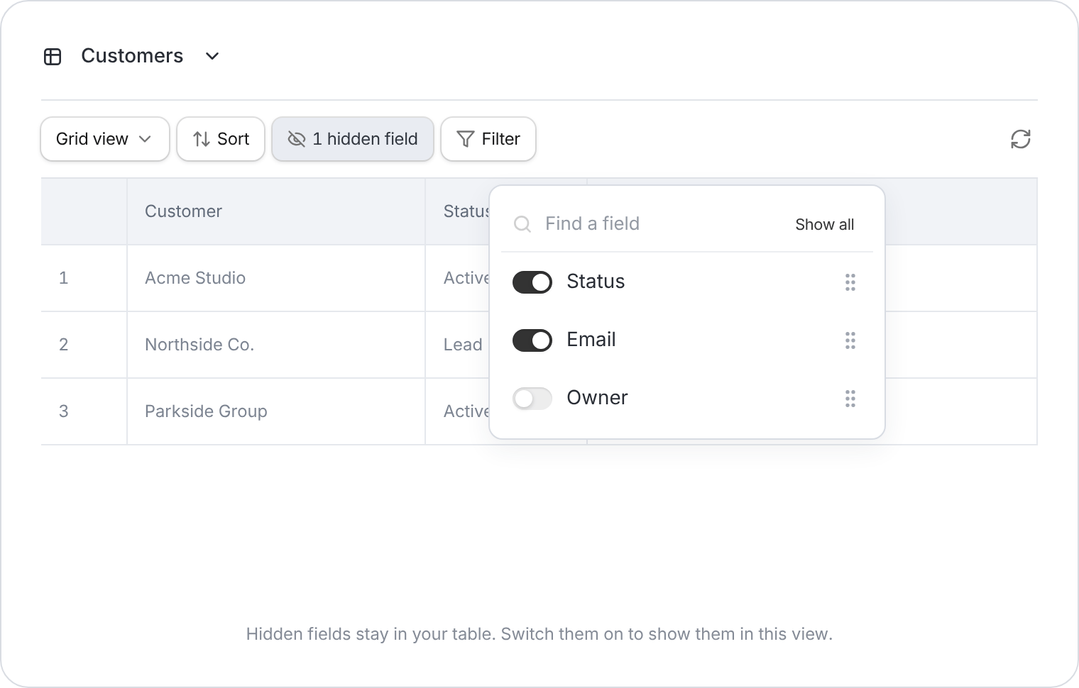 Database toolbar and Hide fields menu with the Owner field switched off