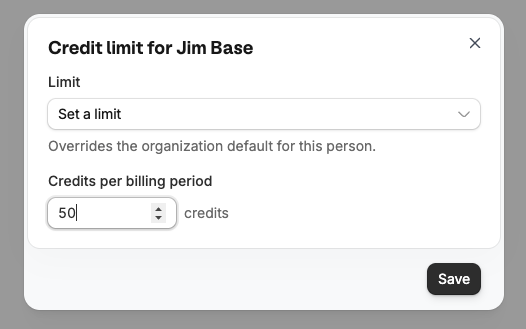 Credit limit dialog for a single member with a limit of 50 credits per billing period