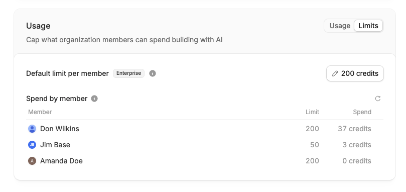 Limits tab of the Usage section showing the default limit per member and a spend by member list