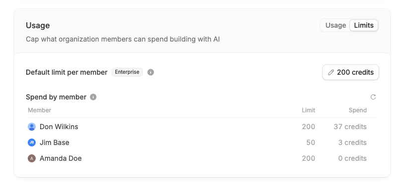 Limits tab of the Usage section showing the default limit per member and a spend by member list
