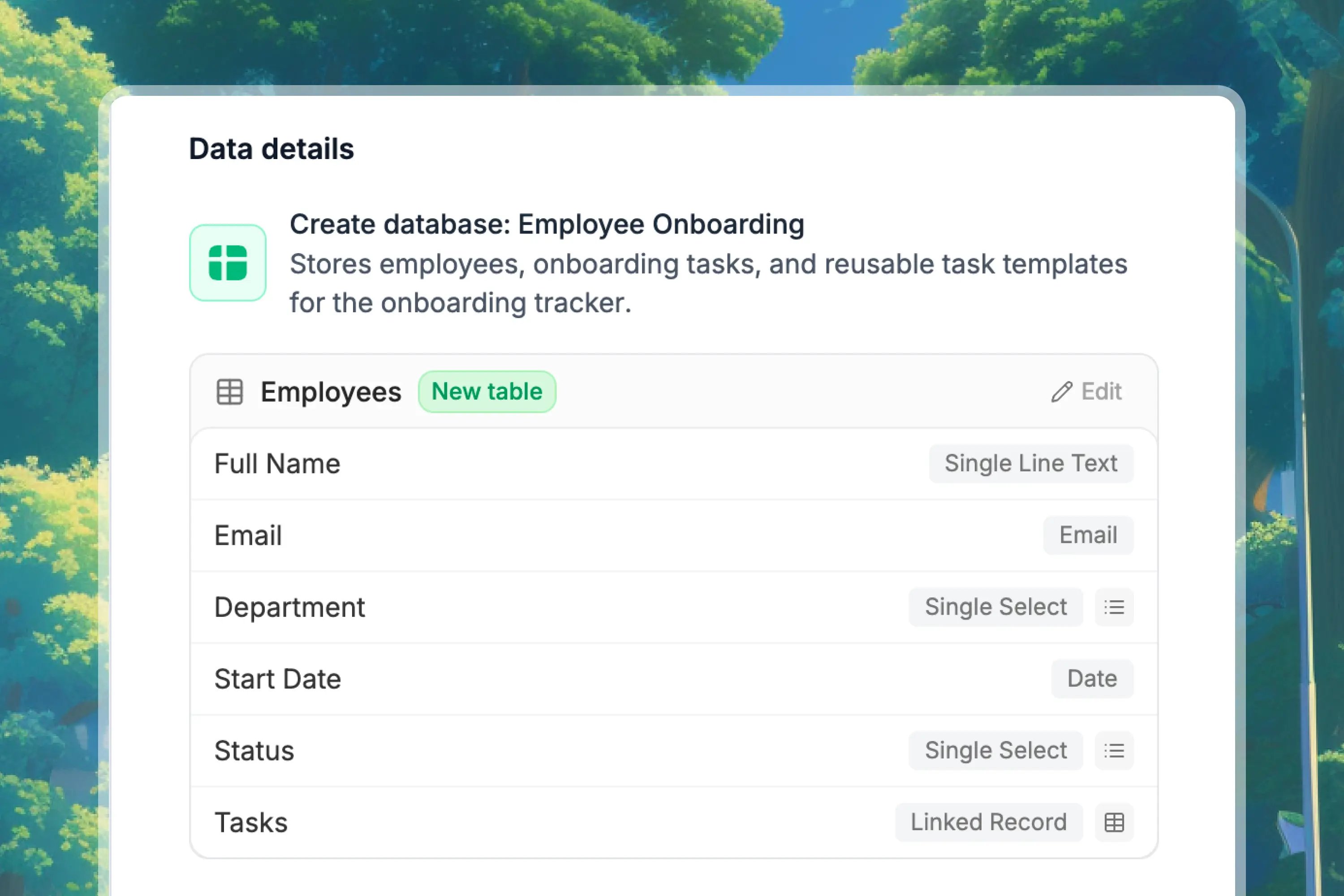 Plan mode data details showing suggested database tables and fields