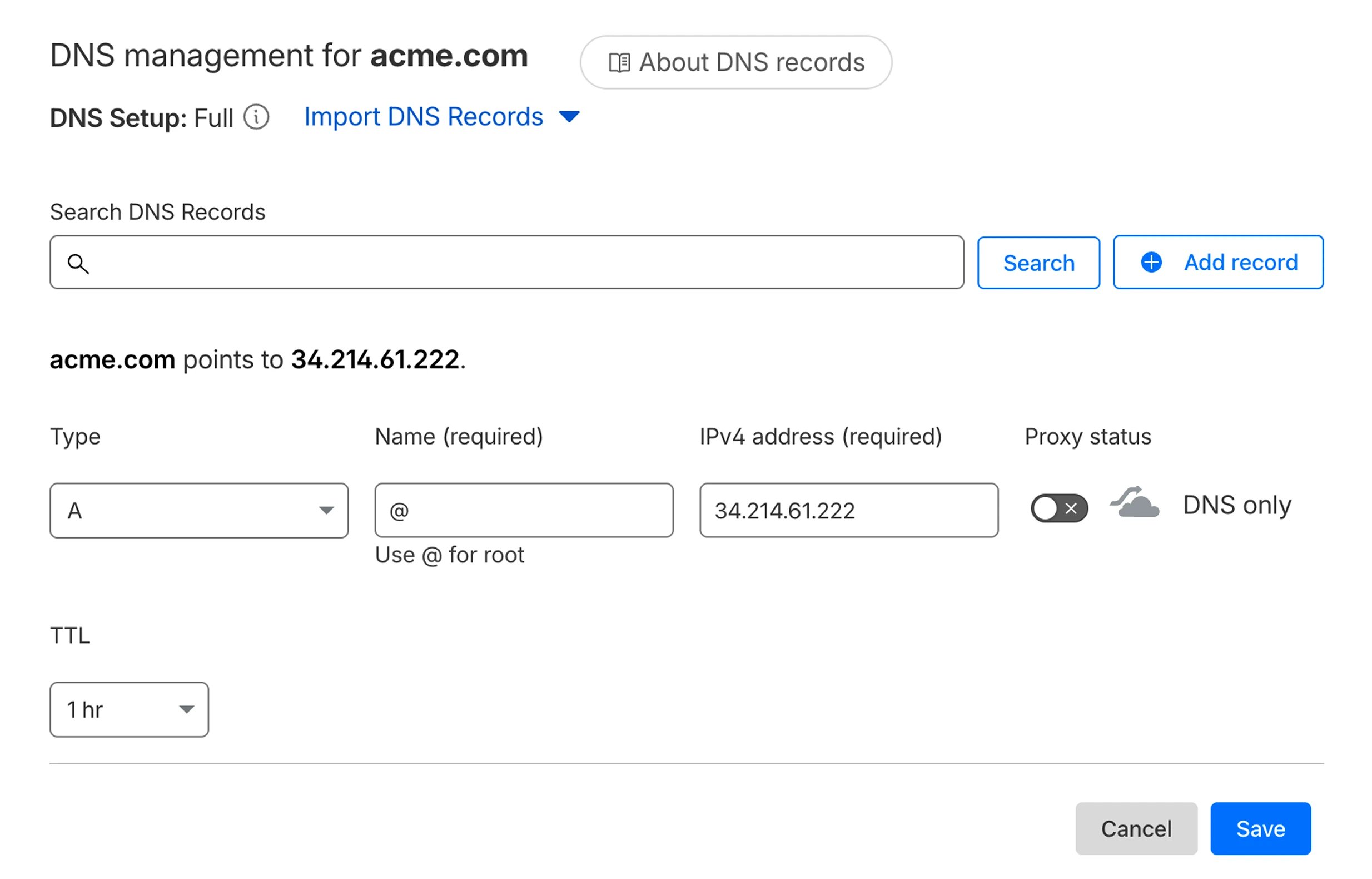 Cloudflare DNS record form with the Zite A record entered