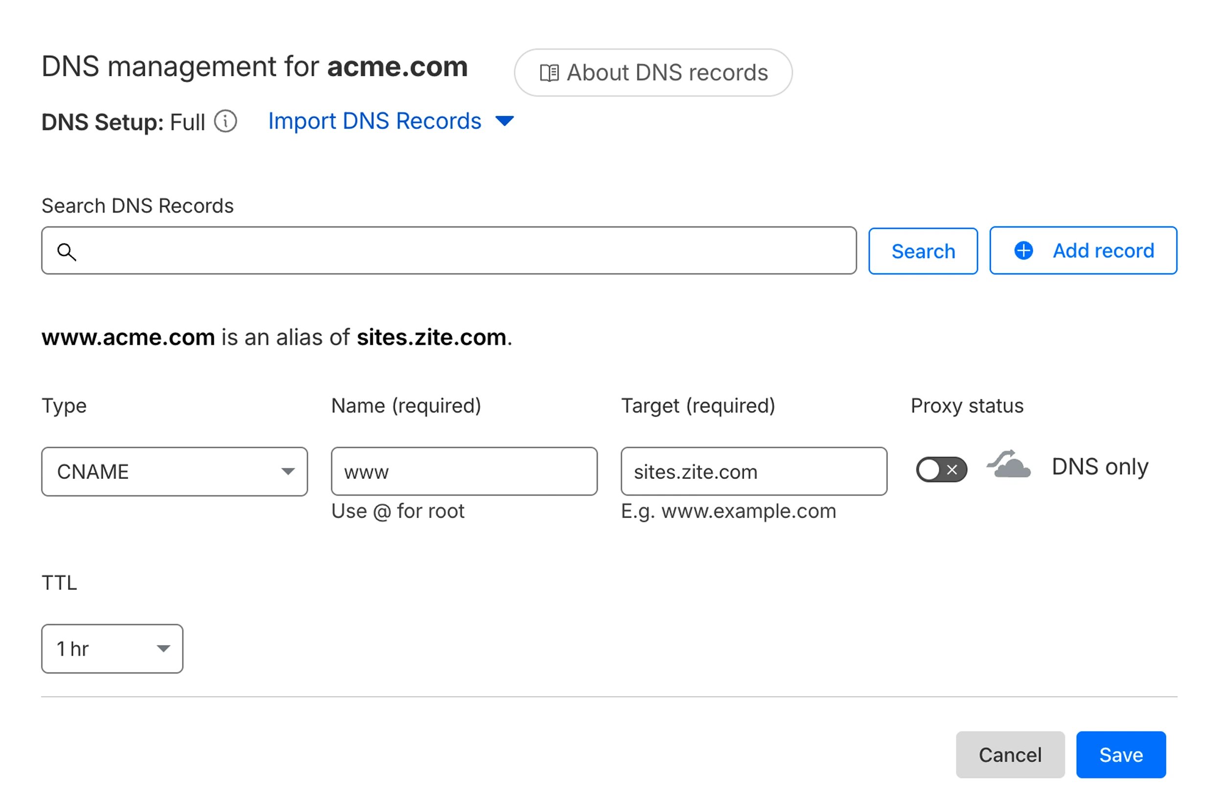 Cloudflare DNS record form with the Zite CNAME record entered
