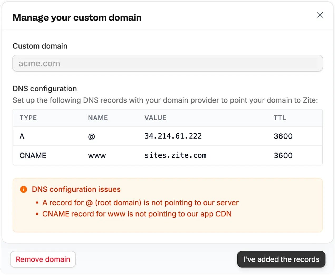 Zite custom domain settings showing the A and CNAME records to add