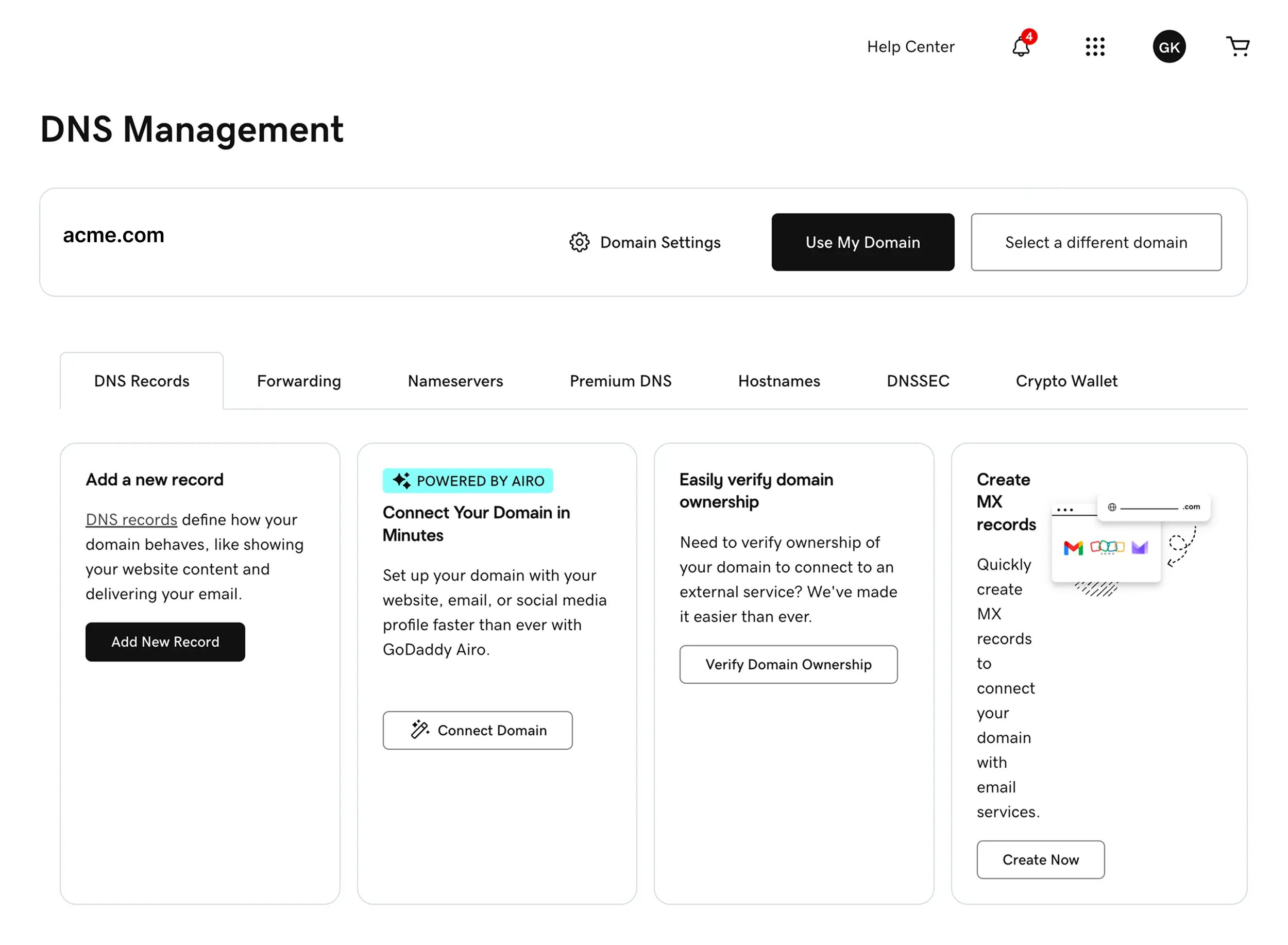 Godaddy DNS Management page with the Add New Record button