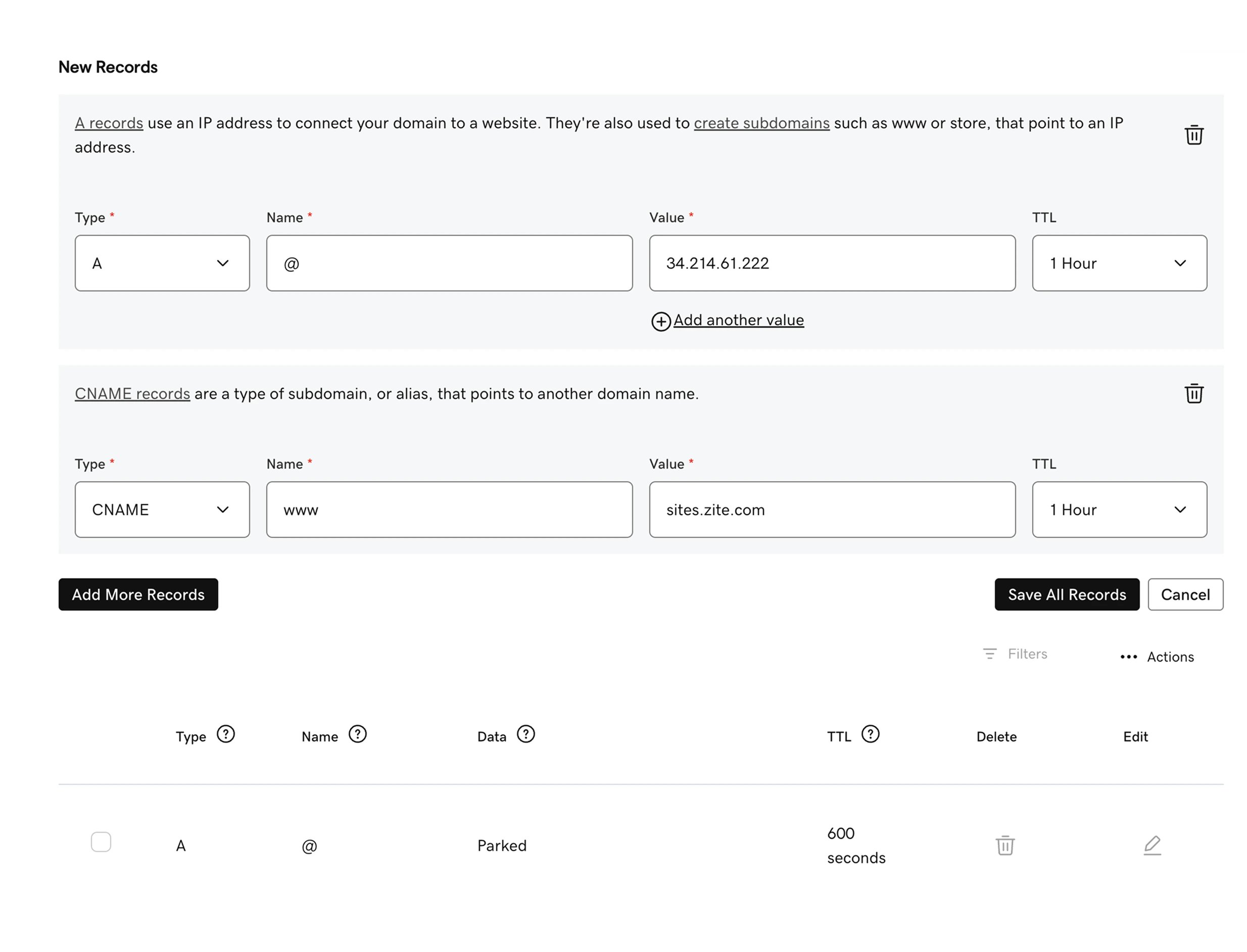 Godaddy new DNS records form with Zite A and CNAME records entered