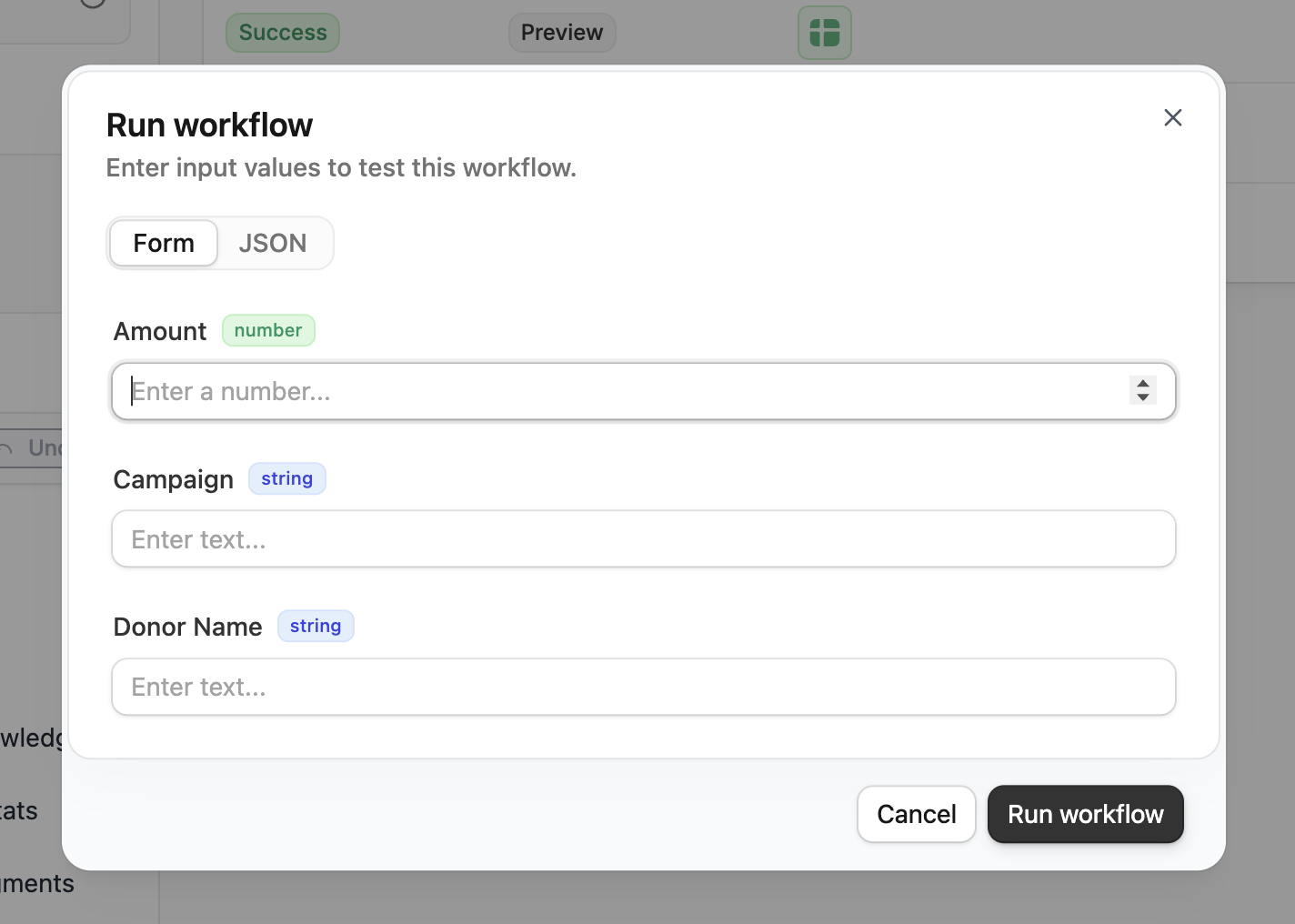Test run modal with form fields and JSON mode
