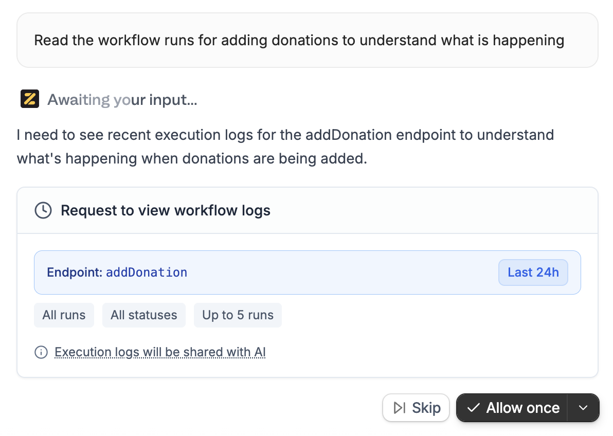 AI requesting access to read workflow logs for debugging