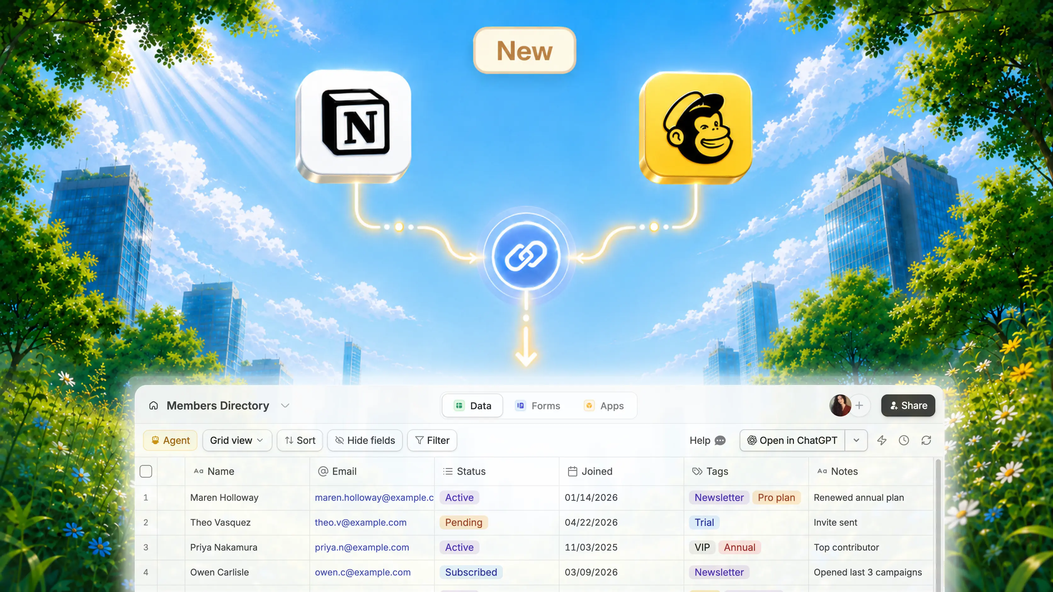 Notion and Mailchimp integrations connected to a Zite database