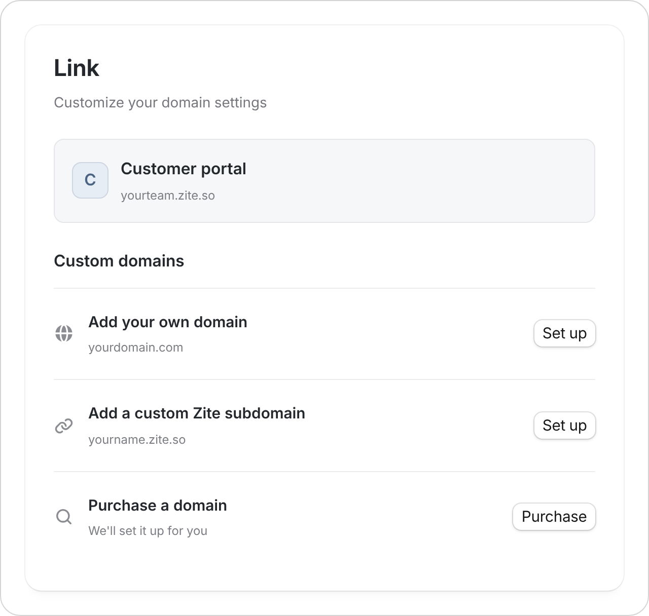 Link settings with Add your own domain, Add a custom Zite subdomain, and Purchase a domain.