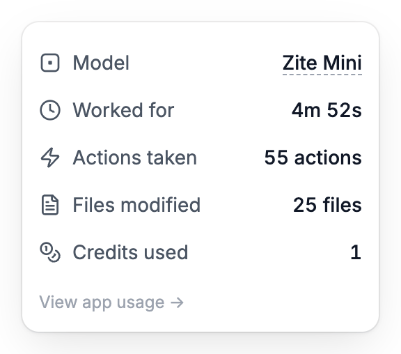 A response's usage panel shows Zite Mini, time worked, actions taken, files modified, Credits used, and View app usage.