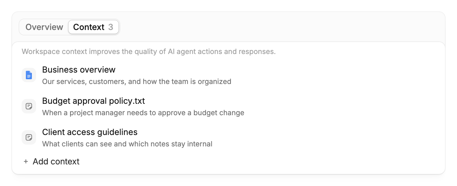 The Context tab with three example references: Business overview, Budget approval policy.txt, and Client access guidelines.