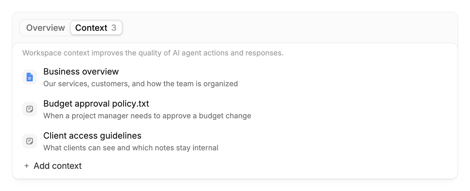 The Context tab with three example references: Business overview, Budget approval policy.txt, and Client access guidelines.