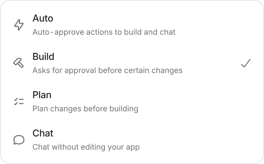 Illustration of Zite's mode menu with Build selected and the description Asks for approval before certain changes.