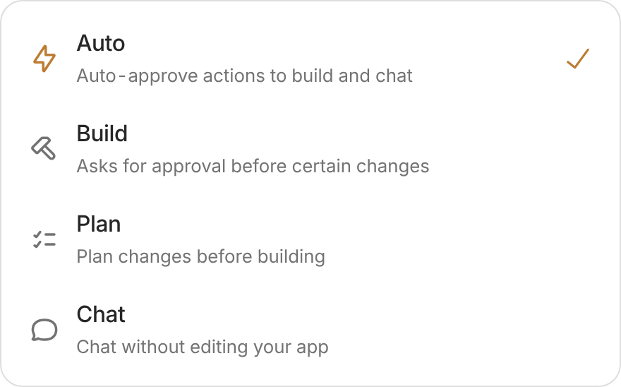 Illustration of Zite's mode menu with Auto selected and descriptions for Auto, Build, Plan, and Chat.