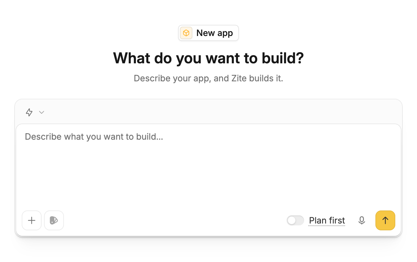 The new-app composer with a description box, theme selector, Plan first switch, and send arrow.