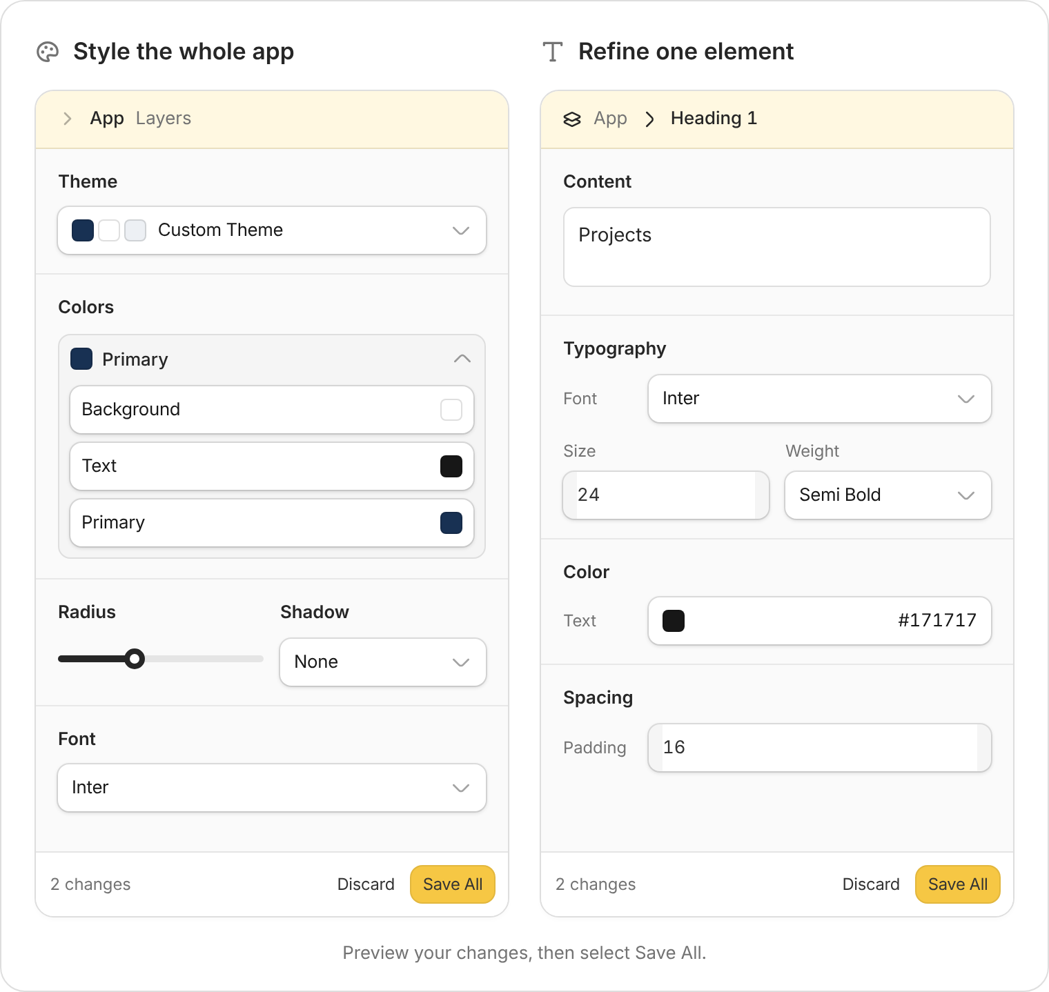App theme controls and a selected heading's content, typography, color, and spacing controls, with Save All.