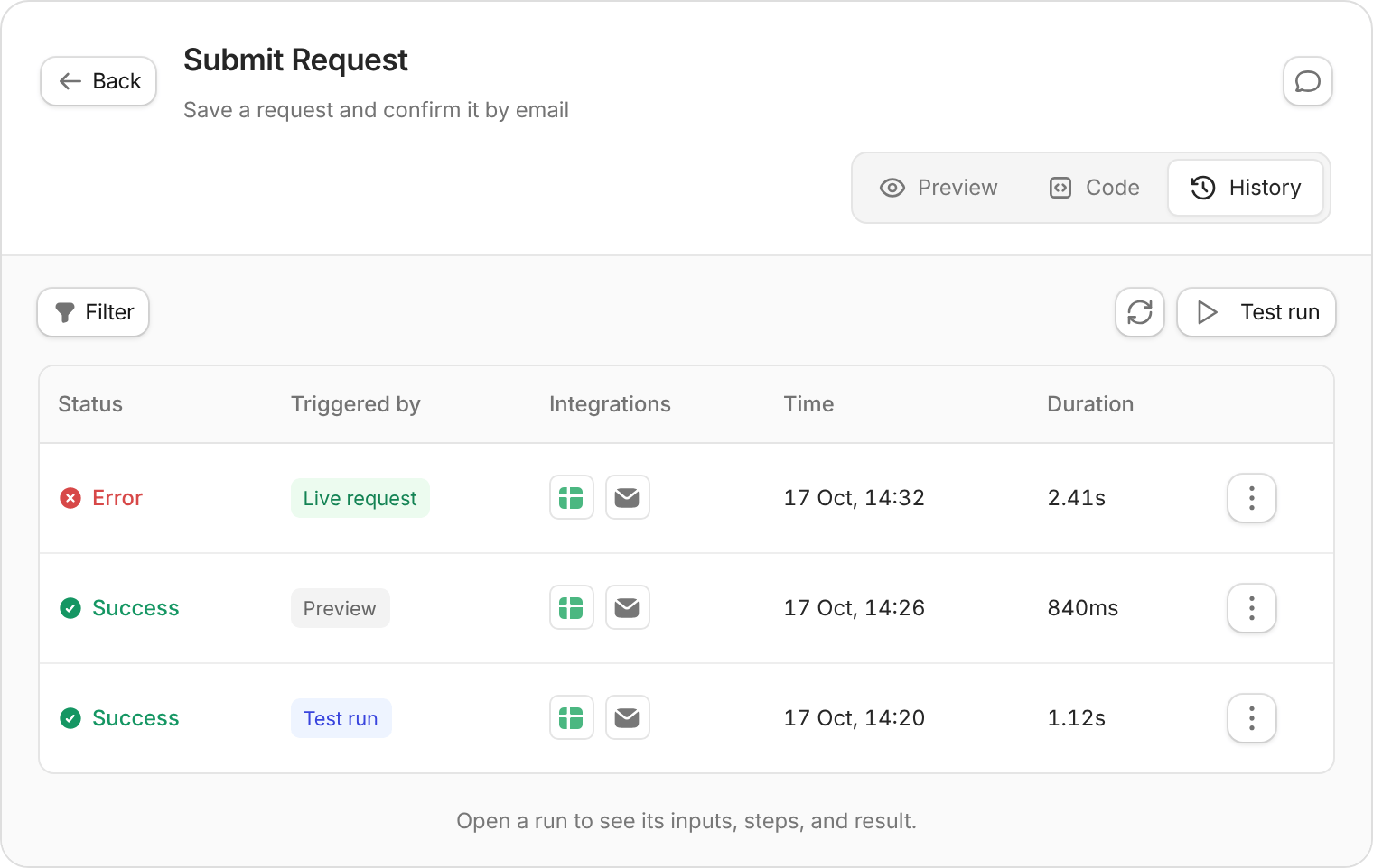 Submit Request workflow History with an Error live request and successful Preview and Test run entries