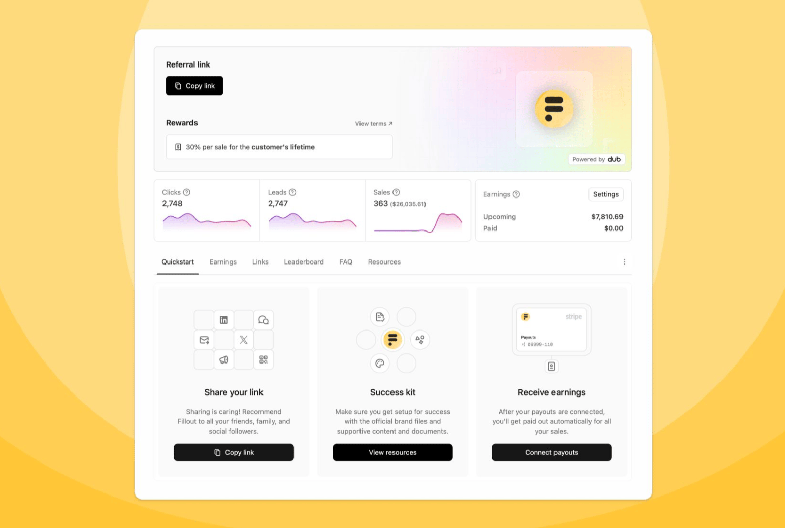 Affiliate dashboard with referral links and earnings